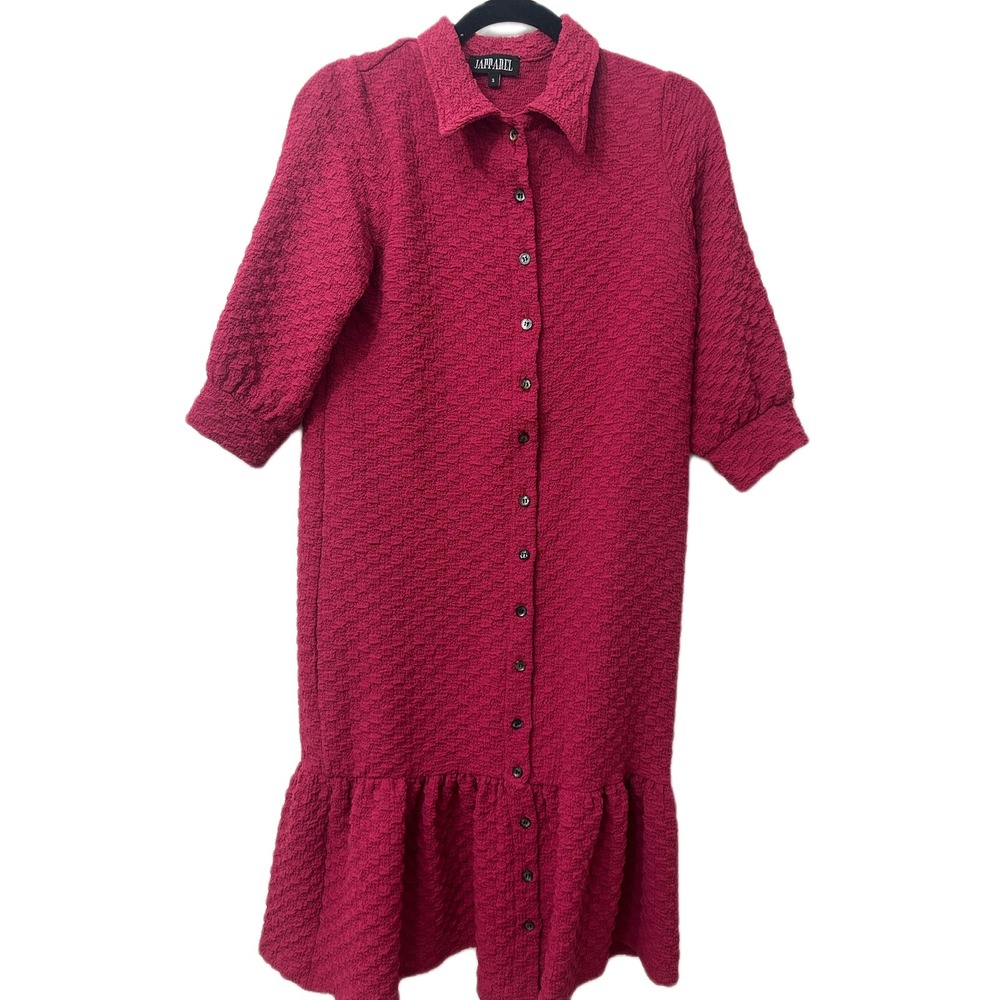 Vintage Magenta Popcorn Textured Button Down‎ Ruffle Hem Midi Dress Womens Small